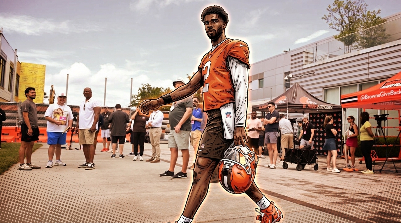 Shedeur Sanders #2 in Cleveland Browns orange at training camp, neon rim glow effect