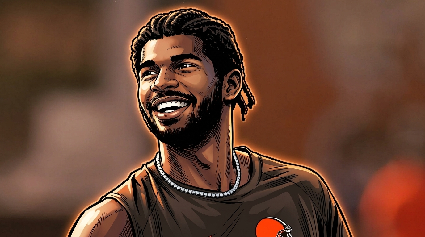 Comic-style illustration of Cleveland Browns quarterback Shedeur Sanders smiling in a practice t-shirt with an orange neon rim-glow effect