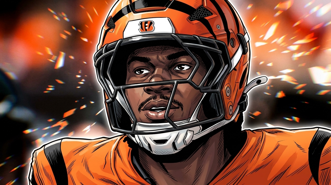 Comic-style illustration of Shemar Stewart in an orange Cincinnati Bengals home jersey and helmet, tight head-and-shoulders framing, chromatic dispersion prism-shard effect over a blurred stadium background