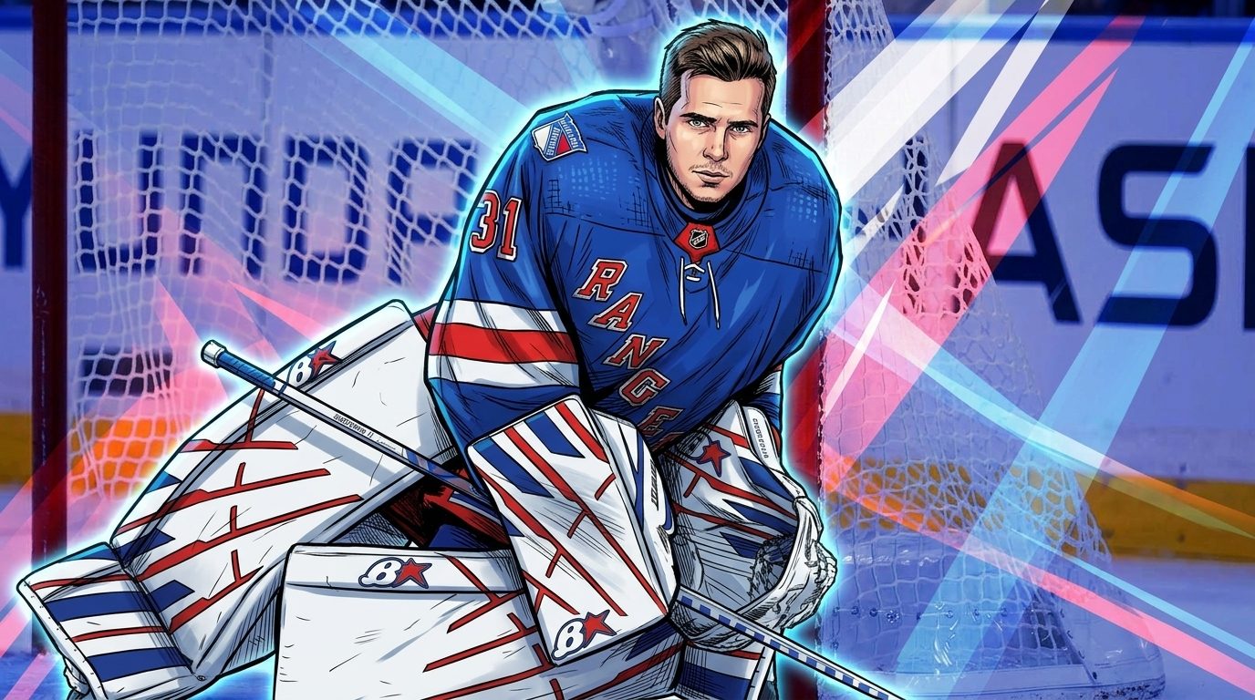 Igor Shesterkin in comic book illustration style crouched in the crease, royal blue New York Rangers home jersey with white number 31, white goalie pads with blue and red stripes, geometric light-streak effect against a blurred Madison Square Garden rink background