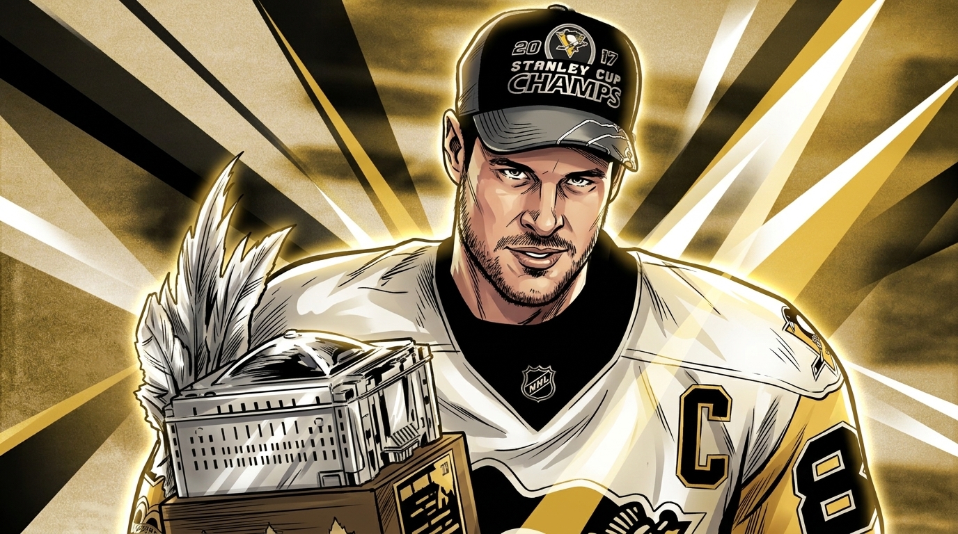 Comic-style illustration of Sidney Crosby in a white Pittsburgh Penguins jersey holding the Conn Smythe Trophy and wearing a 2017 Stanley Cup Champs cap, gold and black geometric light streaks radiating behind him