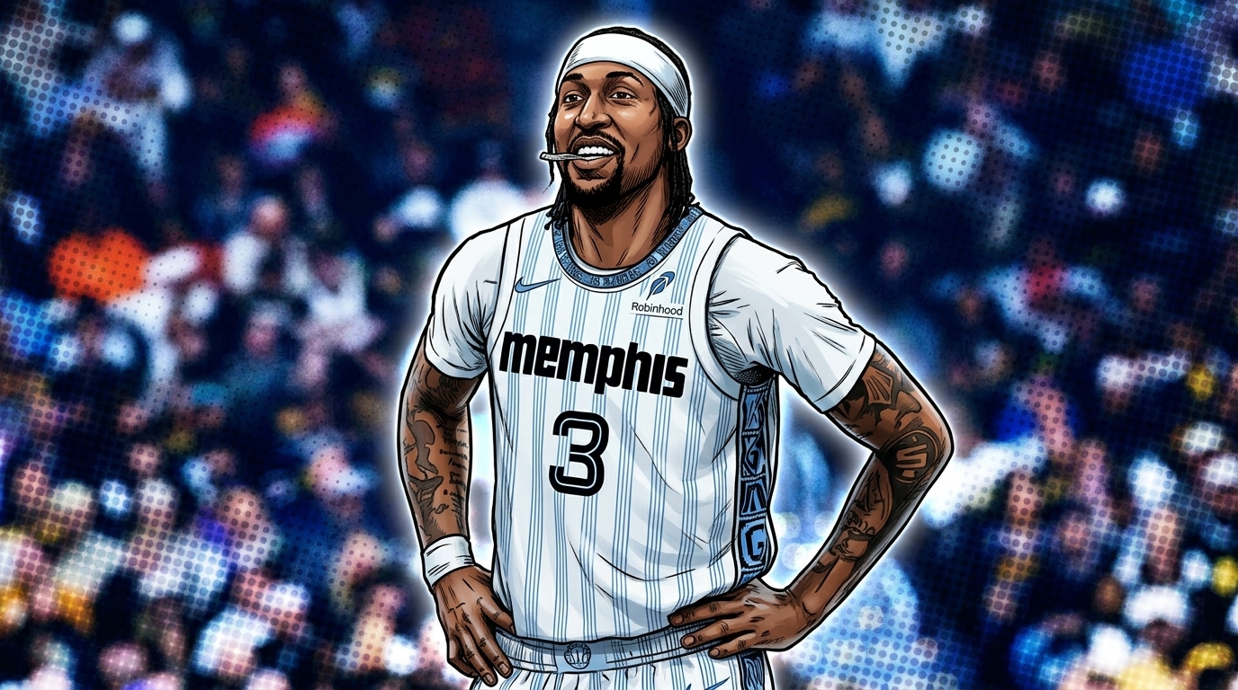 Kentavious Caldwell-Pope in a white Memphis Grizzlies jersey reacting on the sideline, illustrated in comic style against a navy halftone-dot arena background