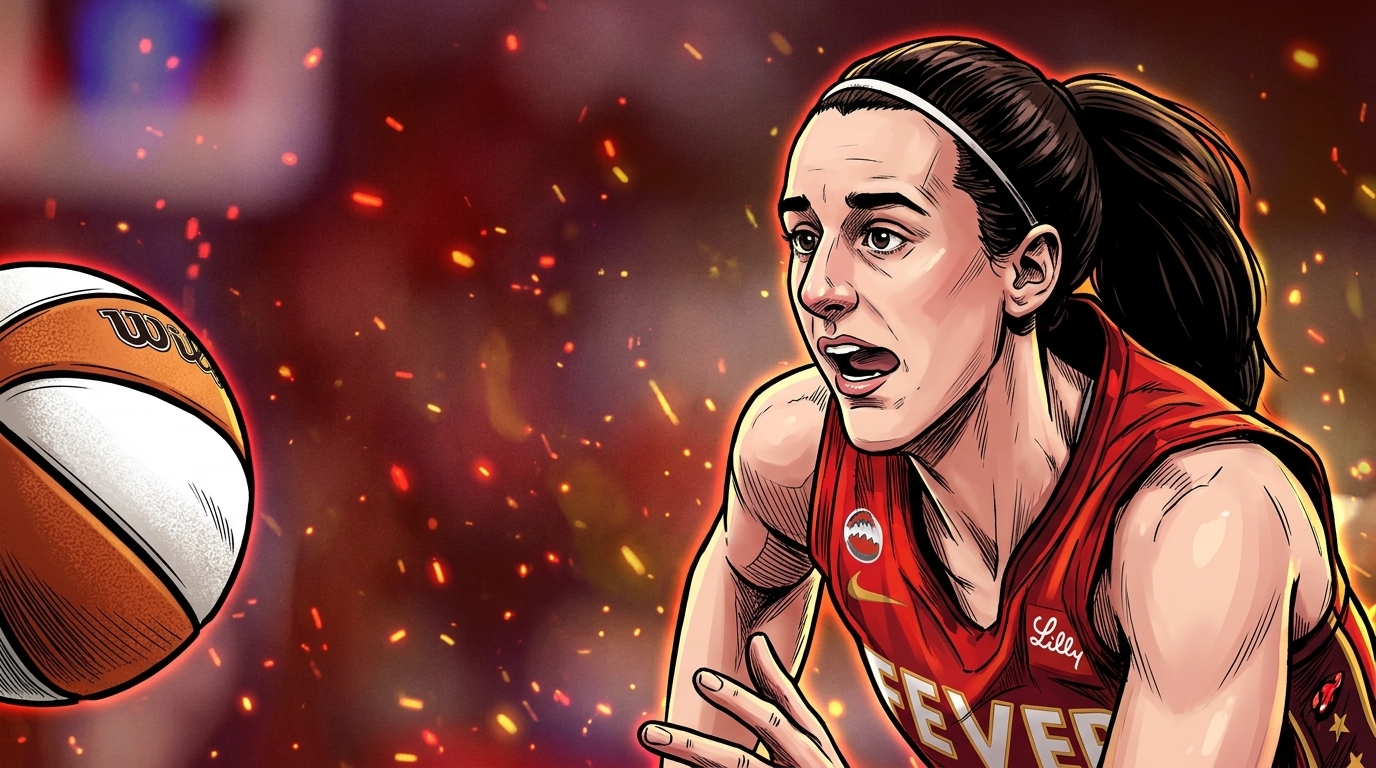 Comic-style illustration of Caitlin Clark in a red Indiana Fever jersey, mouth open in mid-shout, chasing a loose basketball, with a floating-embers particle effect and warm red-gold color wash over a blurred arena background.