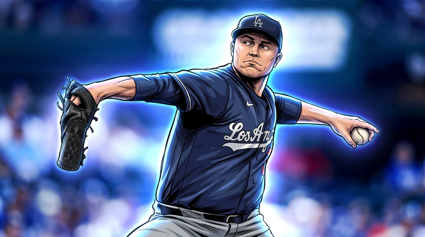 Comic-style illustration of Tarik Skubal mid-windup in his Los Angeles Dodgers uniform with a neon rim glow effect against a blue-tinted Wrigley Field backdrop