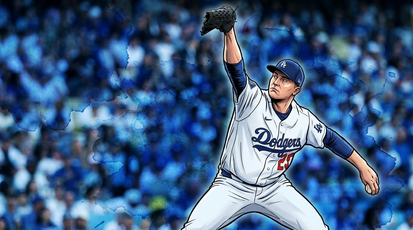 Comic-style illustration of Tarik Skubal mid-windup in his white Dodgers home jersey, with an ink-wash watercolor bleed effect and blue tint against a blurred Dodger Stadium crowd