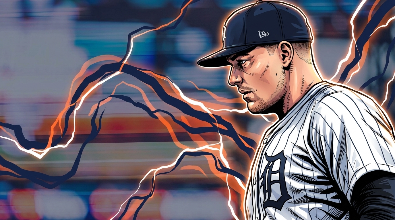 Comic-style illustration of Tarik Skubal in a Detroit Tigers home jersey with an electric-energy effect