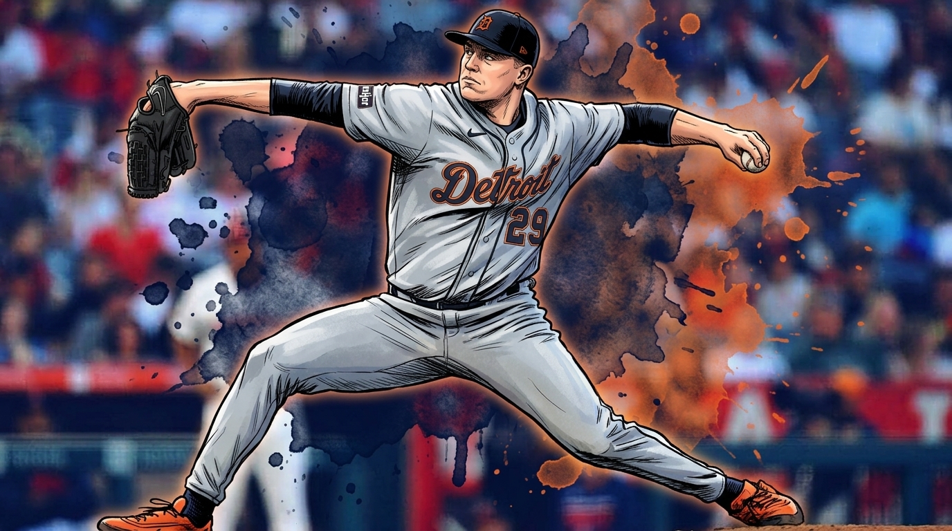 Comic-style illustration of Tarik Skubal mid-pitch in a gray Detroit Tigers road jersey, number 29, navy cap, orange and dark ink-wash splatter effect over a stadium crowd background