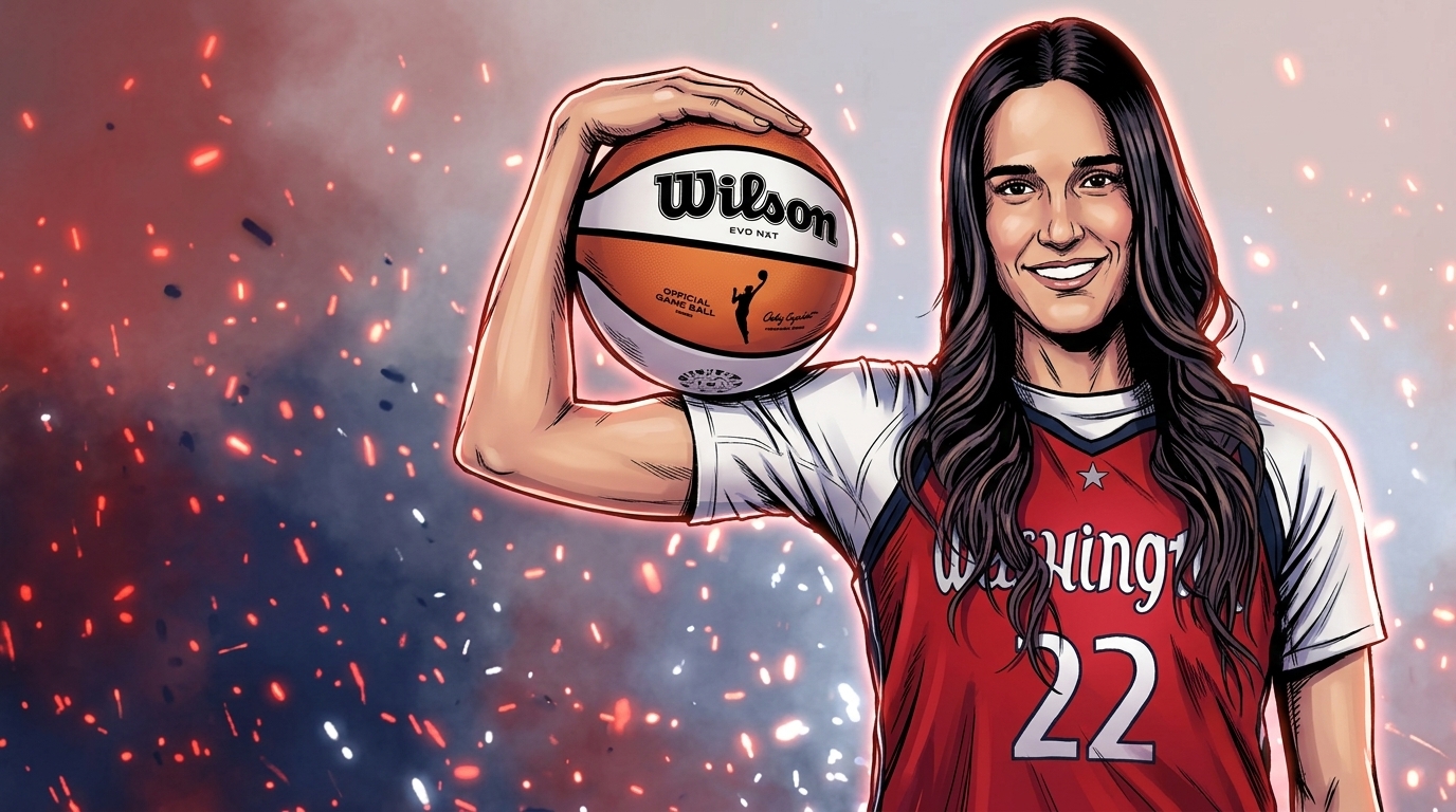 Comic-style illustrated portrait of Sonia Citron in a Washington Mystics jersey holding a basketball, red and navy particle-effect background