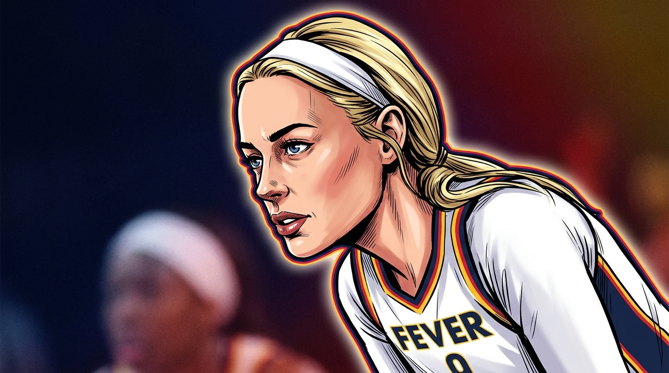 Comic-style illustration of Indiana Fever guard Sophie Cunningham in her Fever jersey with a neon rim-glow effect