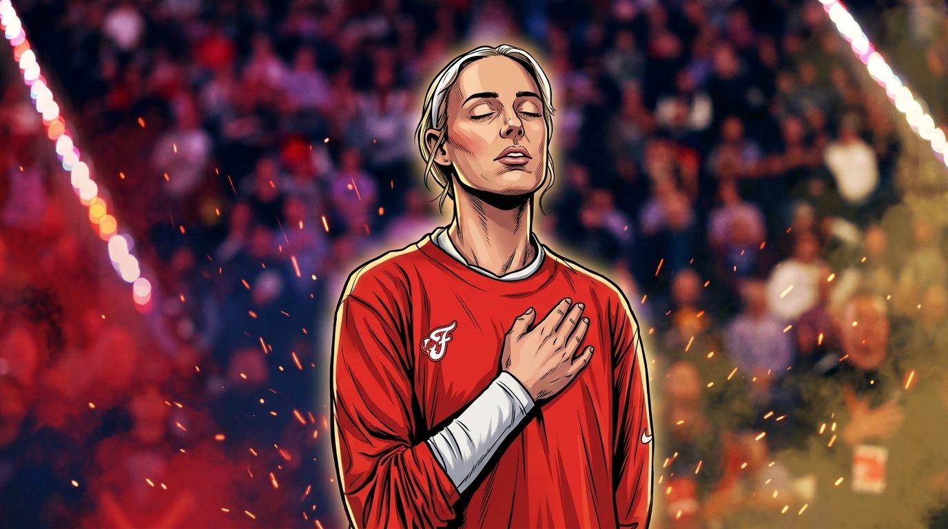 Comic-style illustration of Indiana Fever guard Sophie Cunningham in a red pregame warmup shirt, hand over heart, with a smoke-and-sparks effect