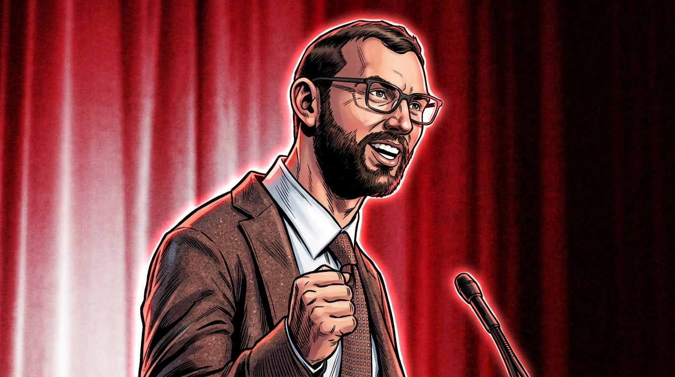 Comic-book style illustration of Andrew Luck speaking passionately at a podium with fist raised, red-toned background with neon rim glow