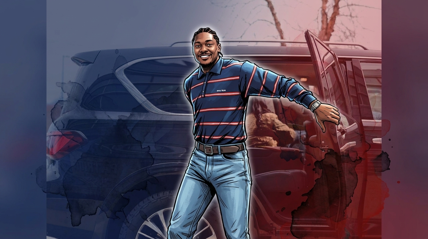 Comic-style illustration of Stefon Diggs smiling by a black SUV, marking his Commanders signing