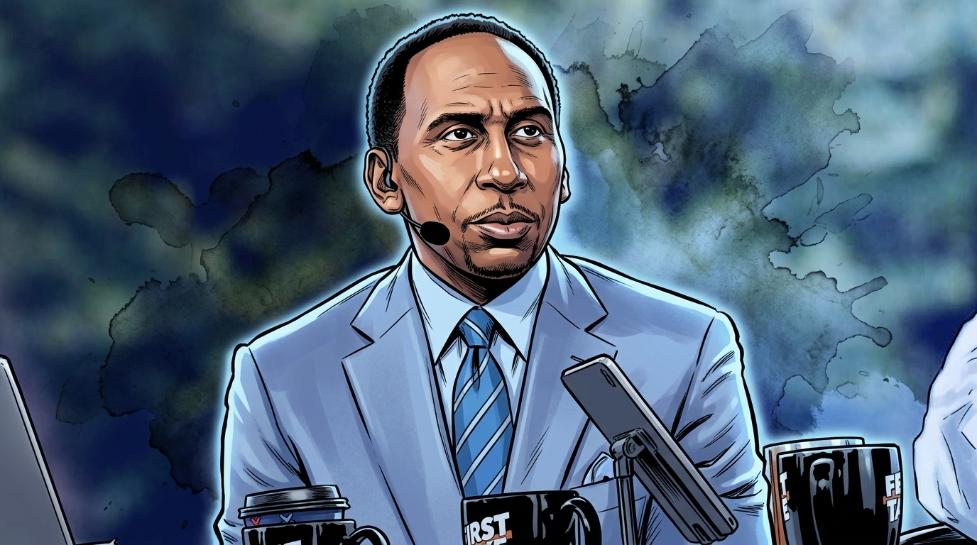 Stephen A. Smith comic-style illustration with ink wash/watercolor bleed effect, blue wash, ESPN First Take set background
