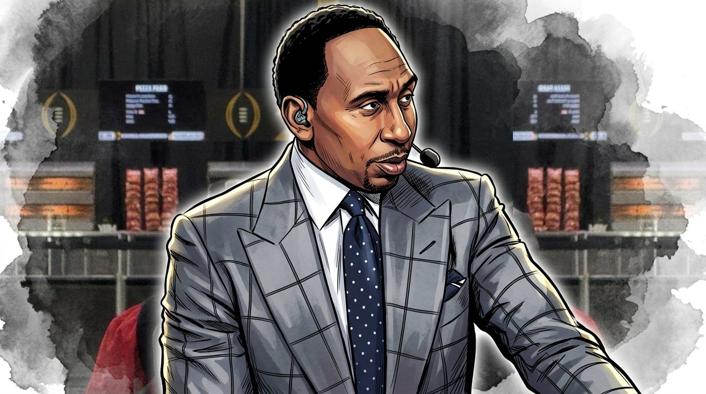 Comic-style illustration of Stephen A. Smith in a gray windowpane suit and earpiece mic, gray and black ink-wash effect over a blurred ESPN media-day backdrop