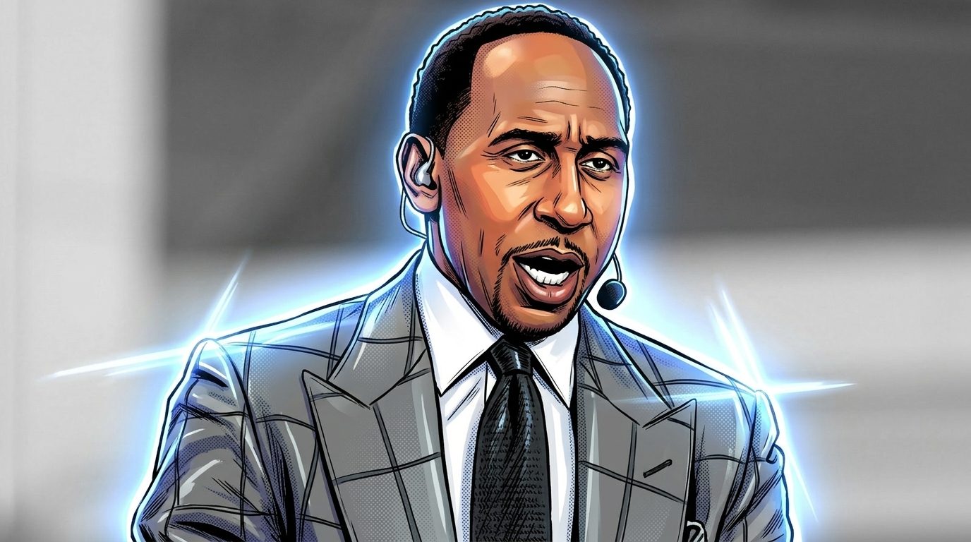 Comic-style illustration of Stephen A. Smith in a gray windowpane-check suit speaking into a headset mic, rendered in bold ink linework with a blue neon rim glow against the blurred ESPN set background.