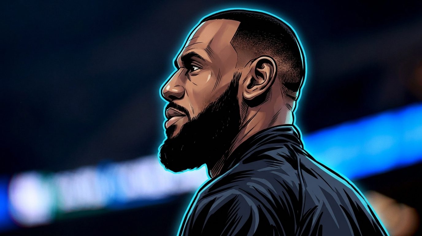 Side-profile comic-style portrait of LeBron James looking left, wearing a dark jacket, with a neon blue rim-glow outline against a blurred arena background