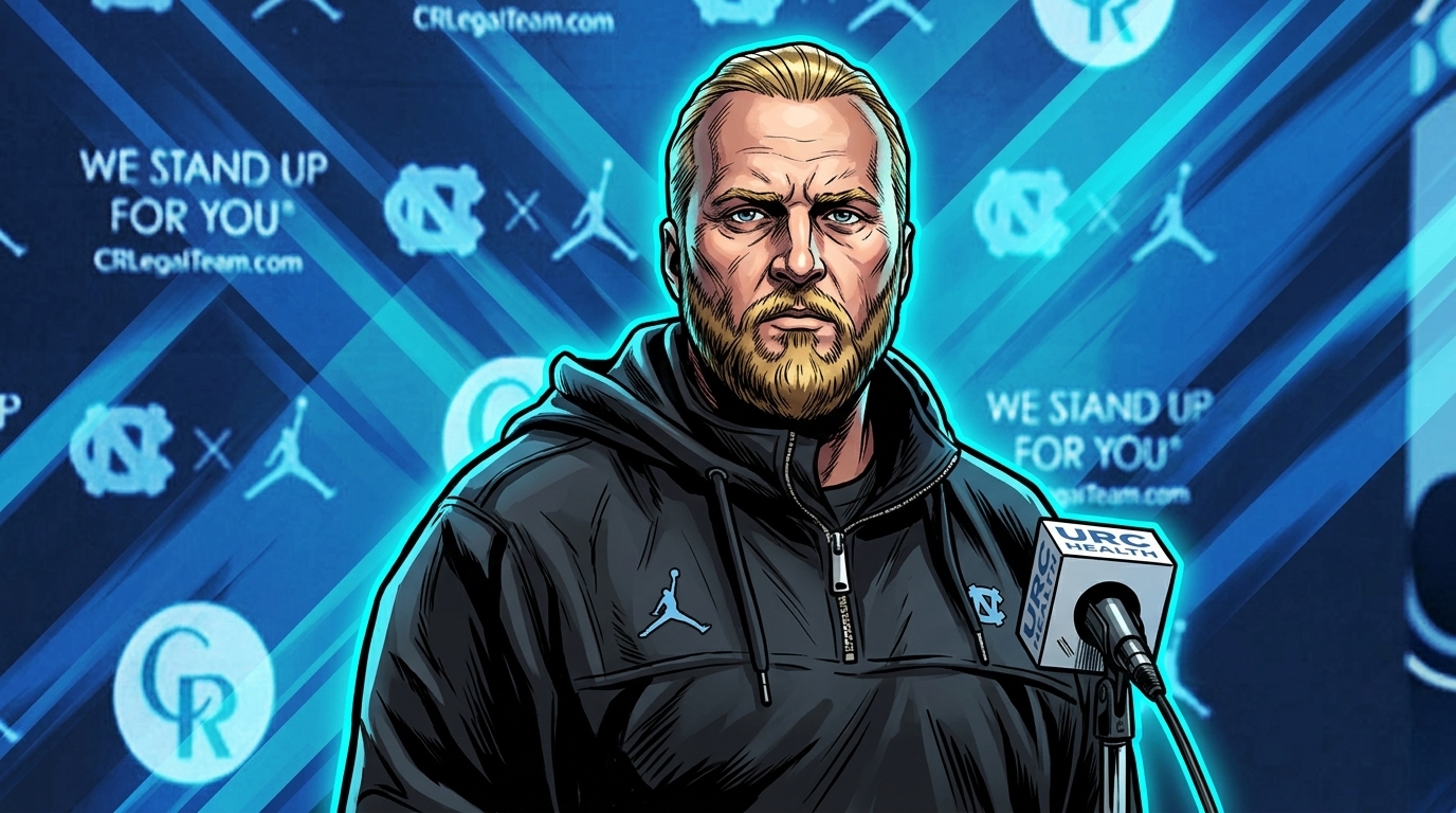 Comic-style illustration of Steve Belichick at a UNC press conference podium, glowing blue geometric light-streak effect against a UNC/Jordan-branded backdrop