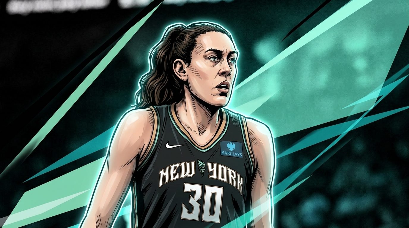 Comic-style geometric light-streak illustration of Breanna Stewart in a black New York Liberty jersey, serious expression, in a dim arena with teal color wash.