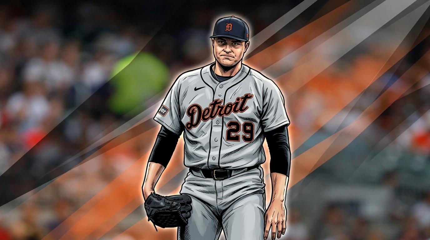 Comic-style illustration of Tarik Skubal in Detroit Tigers grey road jersey number 29 with geometric light streaks effect and blurred stadium crowd background