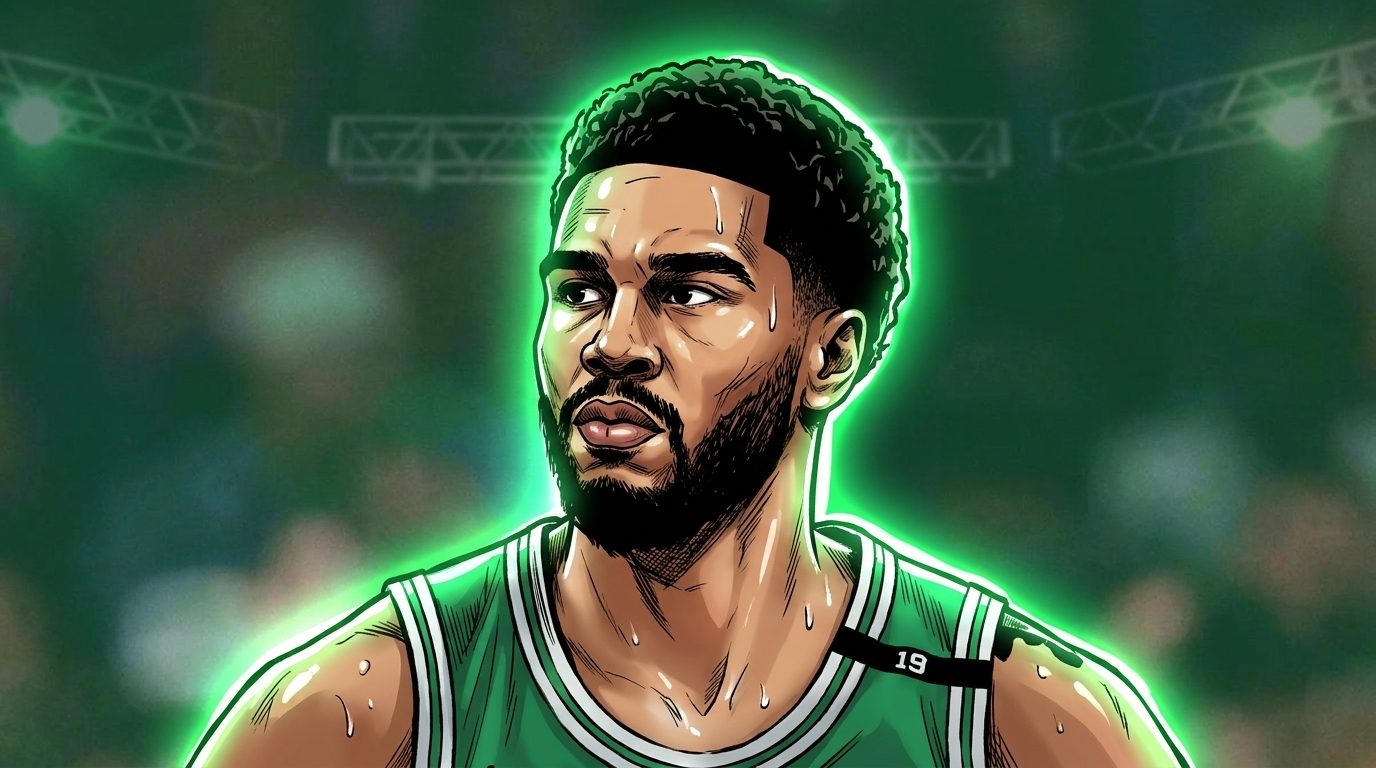 Comic-style illustration of Jayson Tatum in a Boston Celtics jersey with a green neon rim-light glow against a blurred TD Garden crowd background