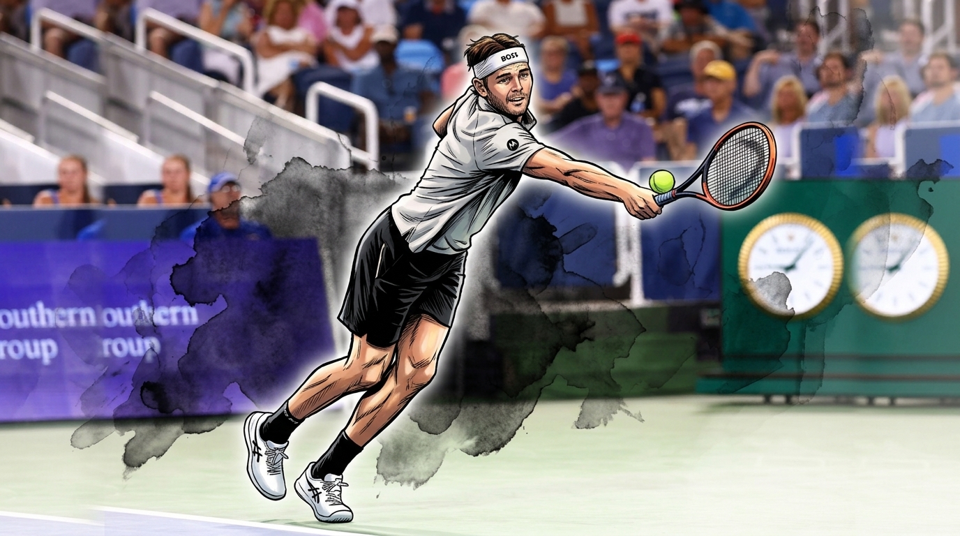 Marvel-style comic illustration of Taylor Fritz reaching for a backhand volley in a white BOSS polo and headband, ink-wash bleed effect over a real Cincinnati Open stadium crowd background -- editorial image for coverage of his and Olivia Jade Giannulli's NYC sighting ahead of the US Open.