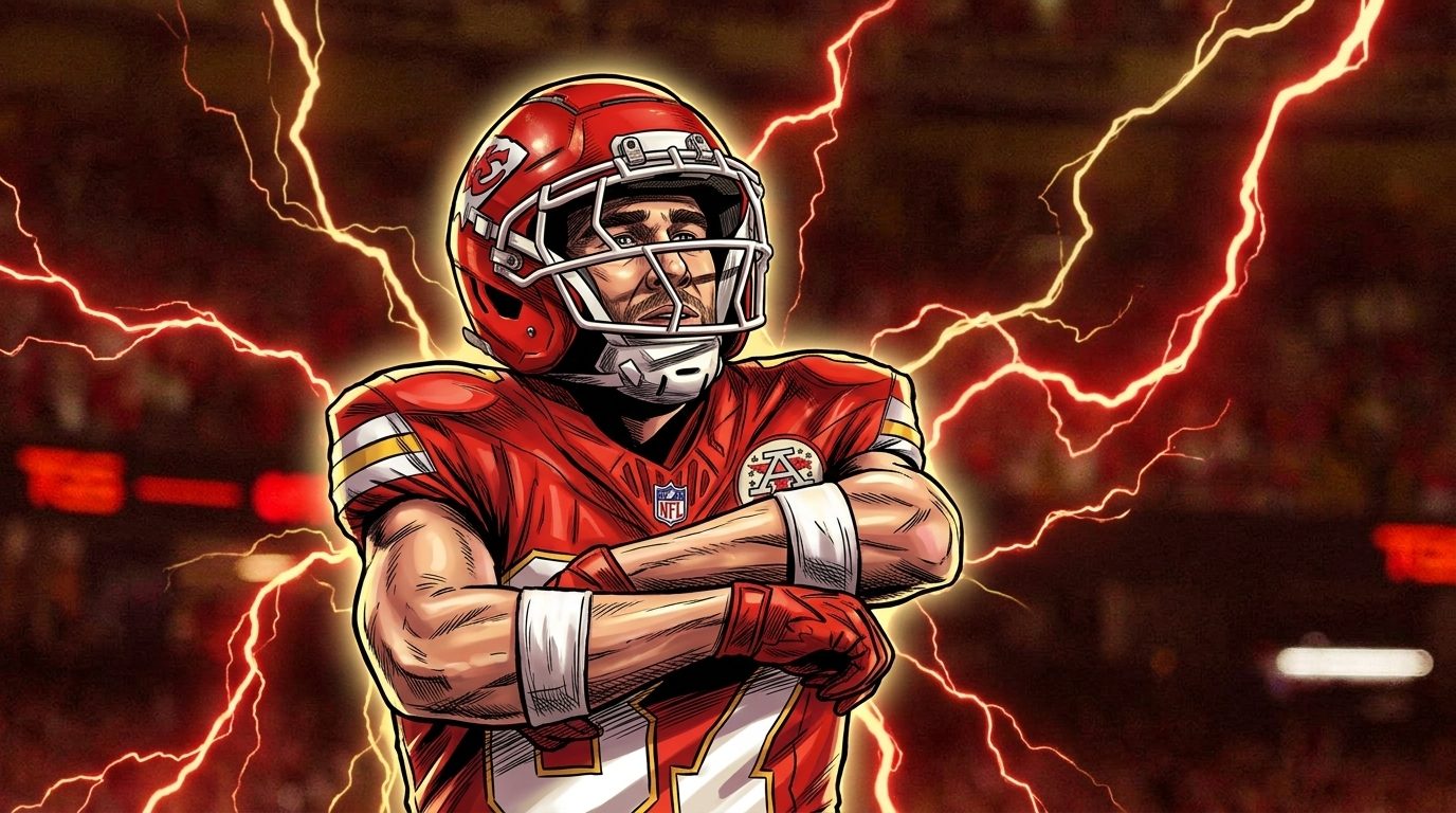 Comic-style illustrated portrait of Travis Kelce in a red Kansas City Chiefs jersey, arms crossed, red and gold electric-energy effect crackling around him against a dark stadium backdrop