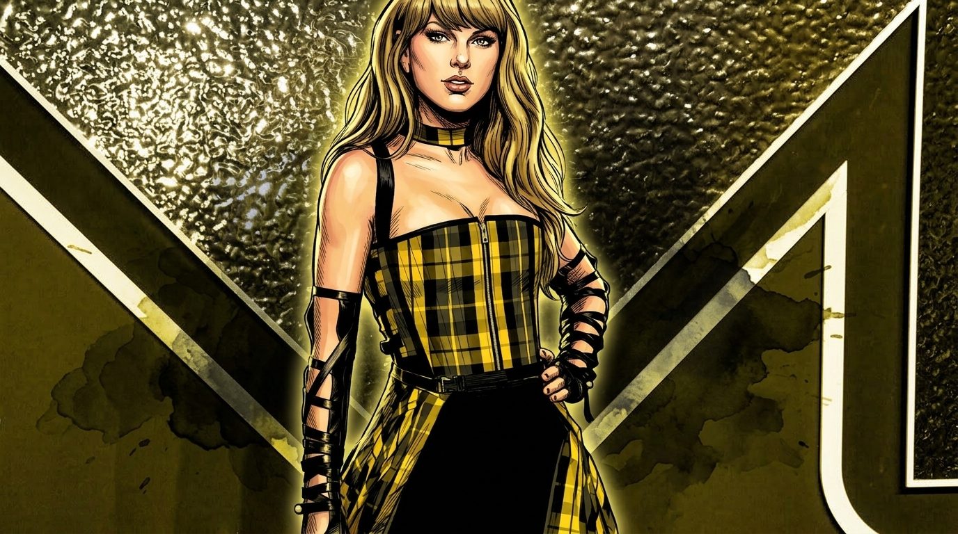 Comic-style illustration of Taylor Swift in a black and yellow plaid corset top in front of a gold-tinted step-and-repeat backdrop, ink wash effect.