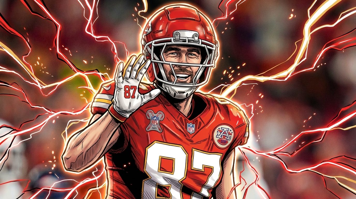 Comic-book illustration of Travis Kelce in his red Chiefs helmet and jersey, number 87, waving with electric lightning effects over a blurred stadium crowd background