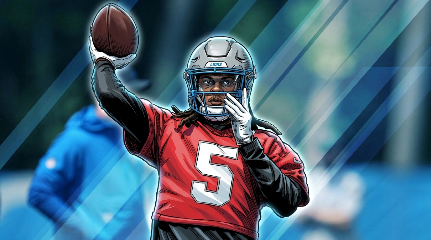 Comic-style illustration of Teddy Bridgewater in a red Detroit Lions practice jersey #5, throwing motion, geometric light streak effect in Honolulu blue and silver over a photographic training-camp background