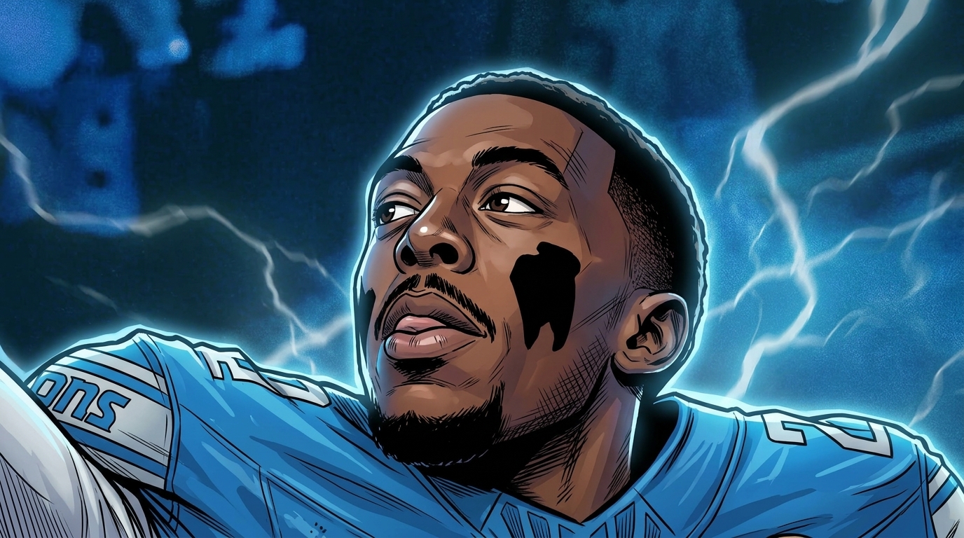 Terrion Arnold in Detroit Lions jersey, comic-style electric energy effect