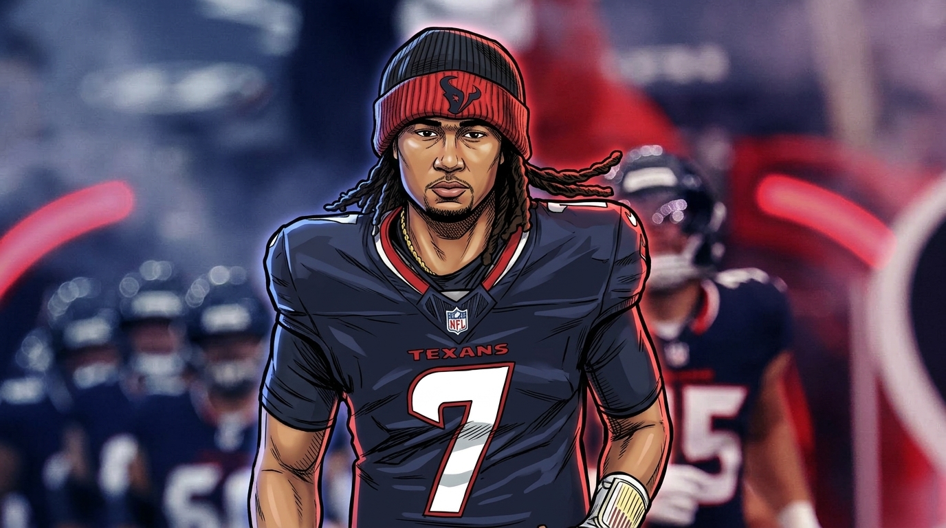 Comic-style illustration of Texans quarterback C.J. Stroud in navy jersey and red beanie emerging from the tunnel with neon rim glow effect, used as a representative team visual