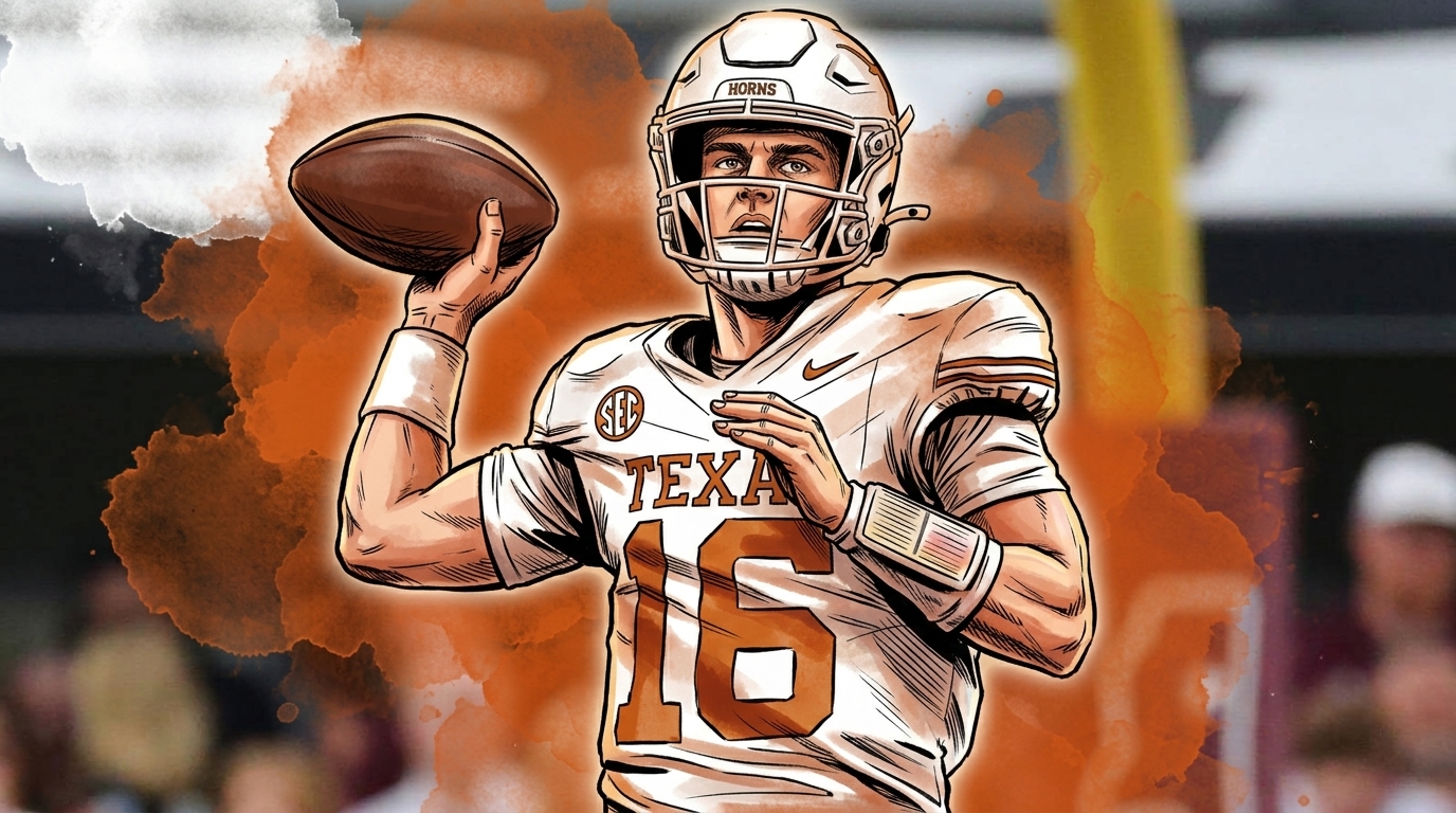 Arch Manning Texas Longhorns quarterback in Marvel comic book style with ink wash watercolor effect