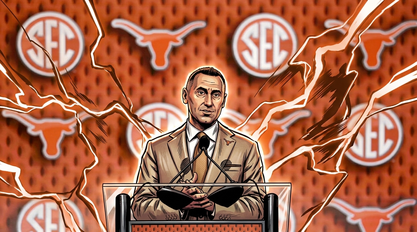 Comic-style illustration of Texas Longhorns head coach Steve Sarkisian speaking at a podium with SEC and Longhorns logos behind him, electric energy effect
