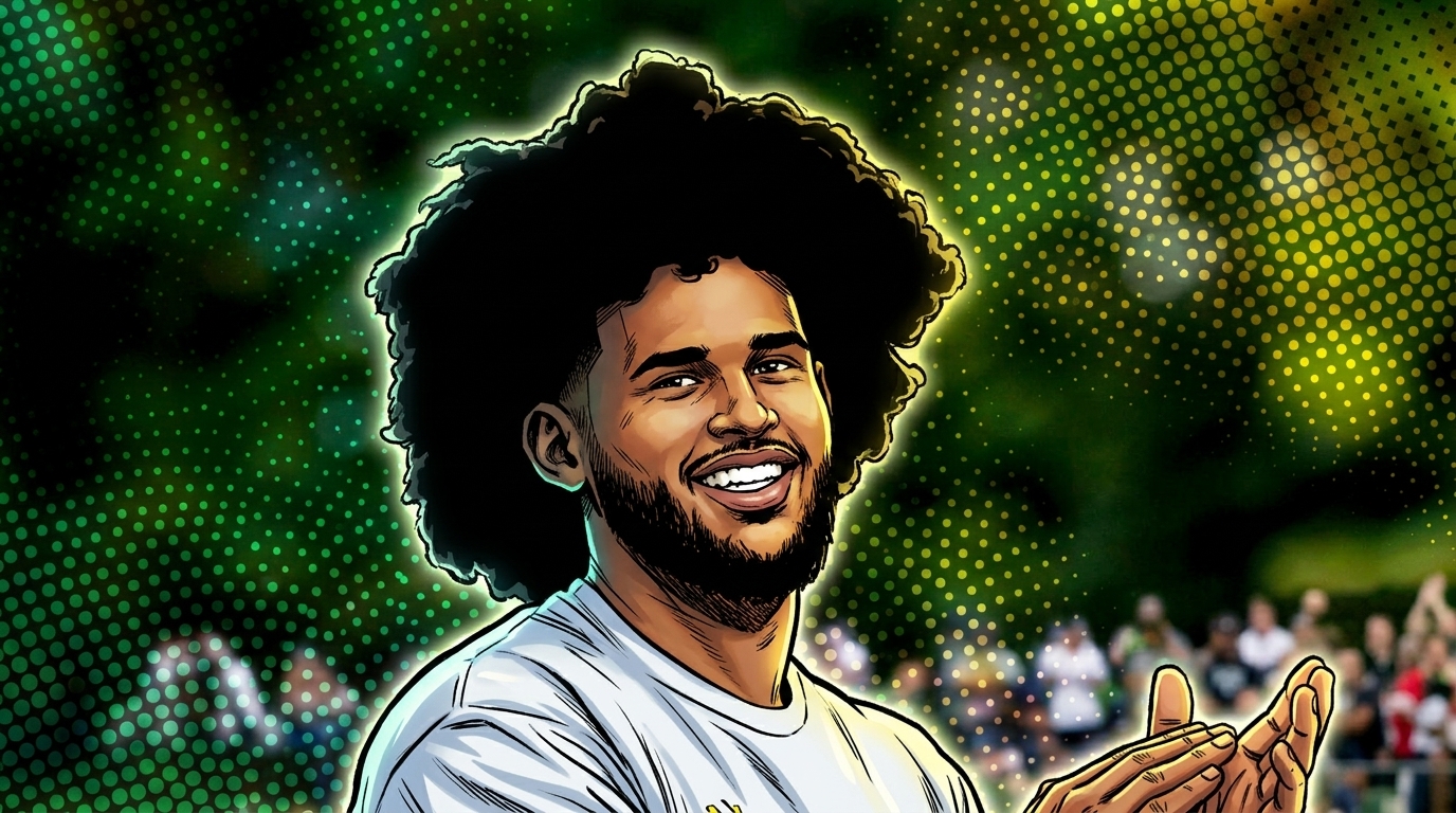 Comic-style illustration of Oregon Ducks quarterback Dante Moore laughing and clapping, with a green and yellow halftone-dot effect