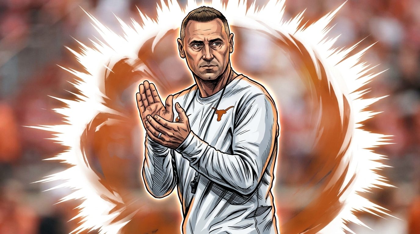 Steve Sarkisian reacting on the Texas sideline, comic-style illustration with a burnt-orange shockwave effect