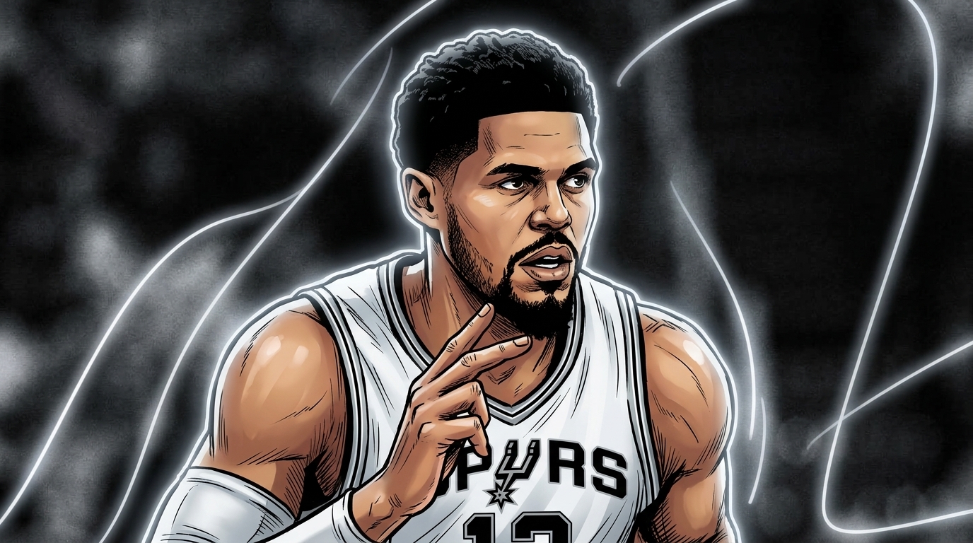 Tobias Harris in Marvel comic style wearing Spurs white jersey with neon glow effects in an NBA arena