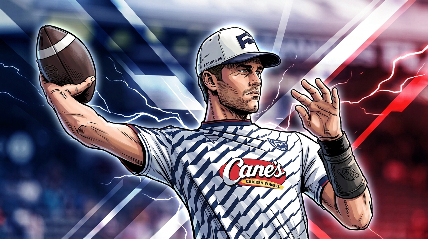 Comic-style illustration of Tom Brady mid-throw in a Founders flag football jersey, geometric light-streak effect background
