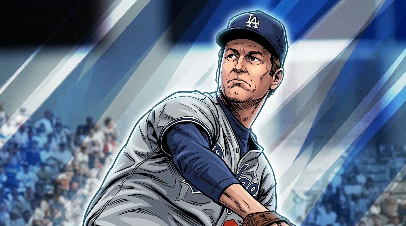 Comic-style illustration of Tommy John pitching in a Los Angeles Dodgers uniform with a geometric light-streak effect over a photographic stadium crowd background