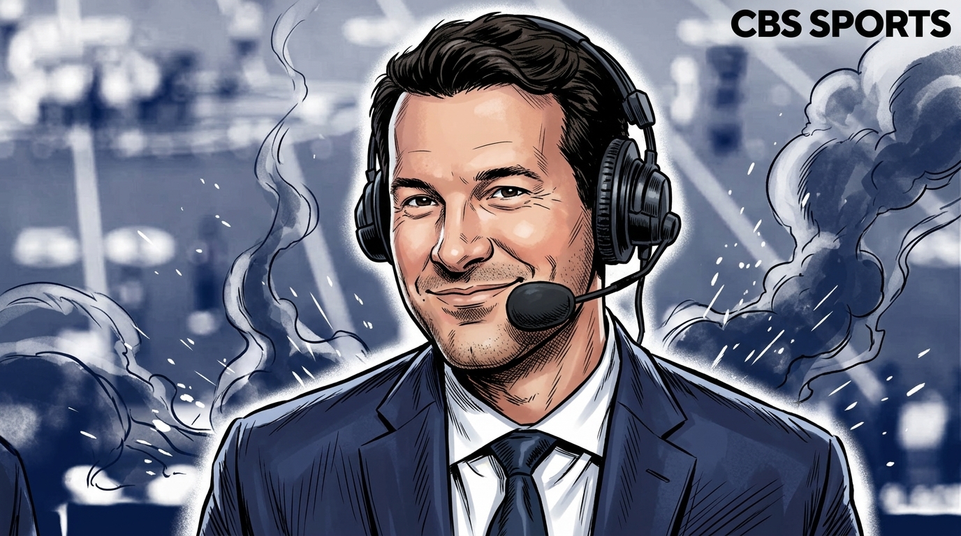 Comic book illustration of Tony Romo wearing a broadcast headset in a navy suit, smoke and spark effects on the stadium background