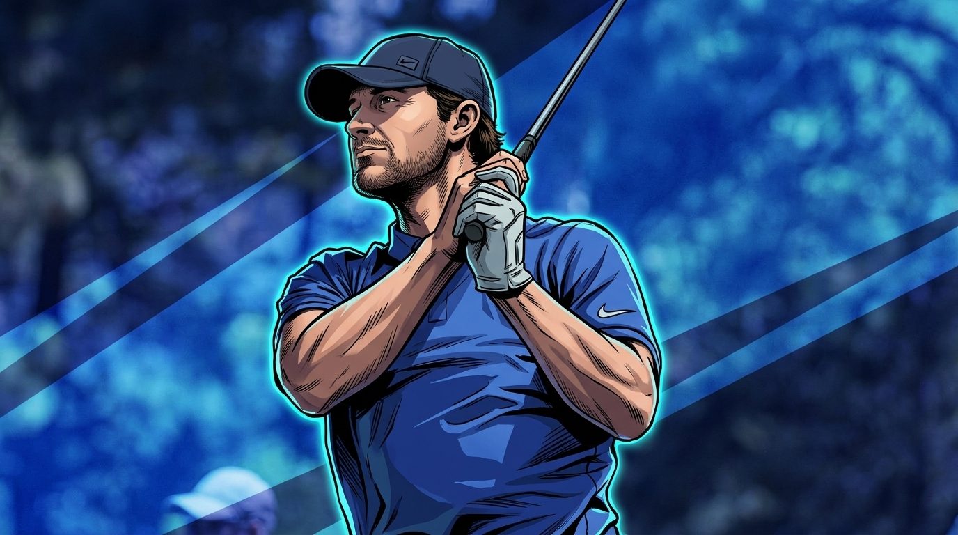 Comic book illustration of Tony Romo in a navy cap and blue polo, geometric light-streak effect over a blurred outdoor background