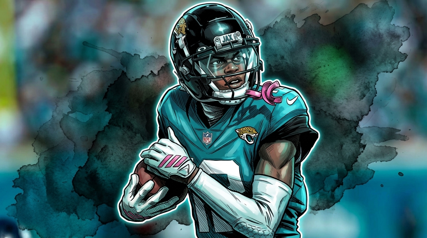 Travis Hunter making a catch in Jaguars teal, comic-book illustration with ink wash effect — Swipe Sports