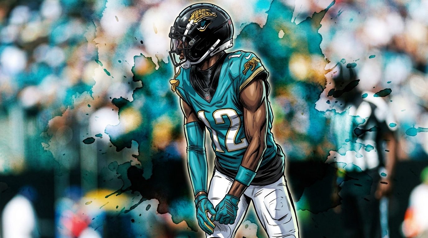 Comic-styled illustration of Travis Hunter in a Jacksonville Jaguars jersey