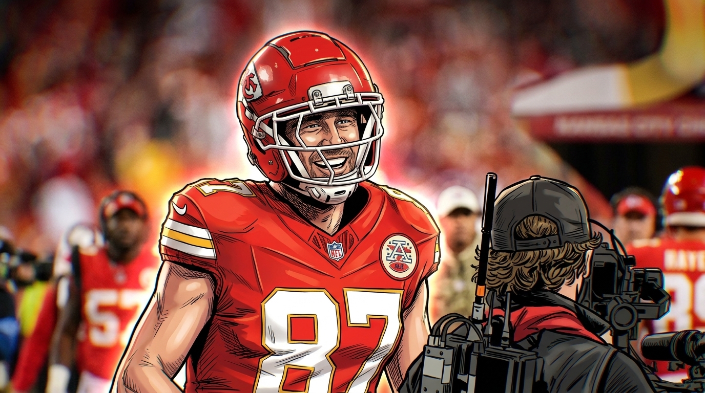 Travis Kelce celebrates in comic book style, Chiefs