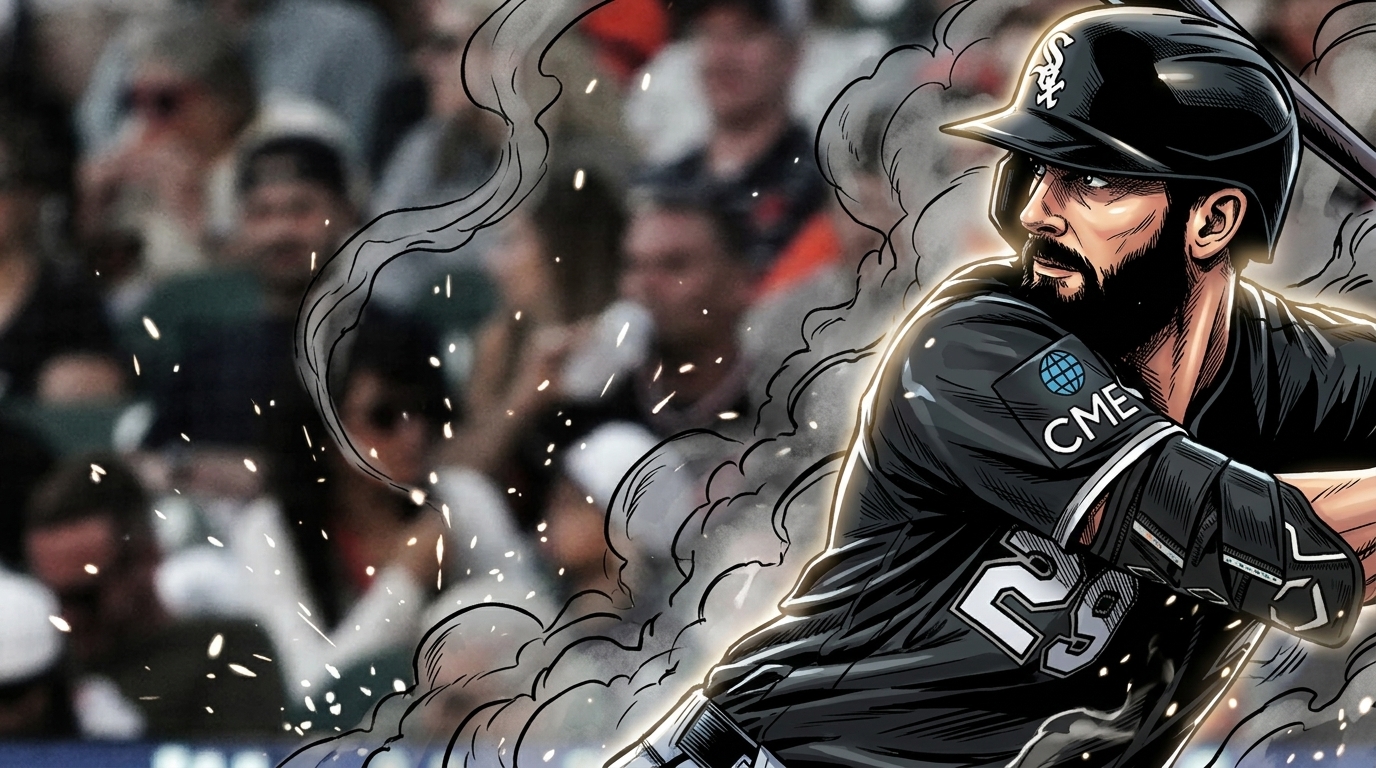 Tristan Peters in a White Sox black alternate jersey and batting helmet, mid-swing, rendered in comic book style with a smoke-and-sparks effect over a photographic stadium crowd background