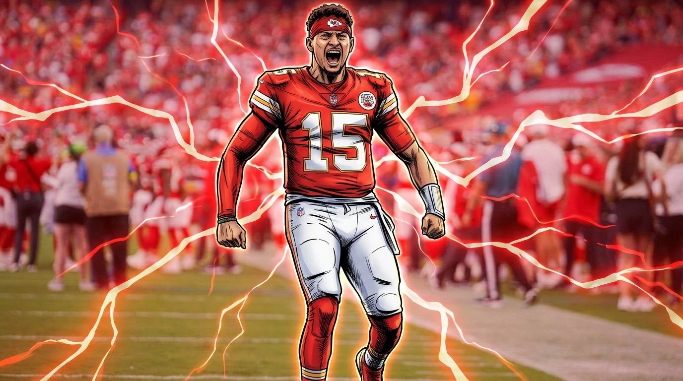 Comic-style illustration of Kansas City Chiefs quarterback Patrick Mahomes in his red #15 jersey, fists clenched and yelling on the sideline, with red and gold electric lightning effects radiating through a blurred stadium crowd background.