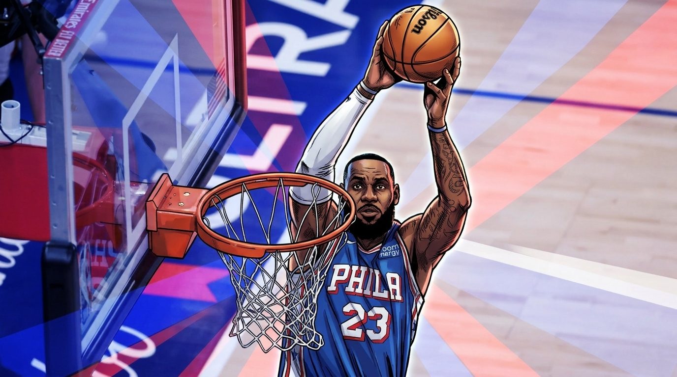 Comic-styled illustration of LeBron James dunking in a Philadelphia 76ers jersey, geometric light-streak effect in the background