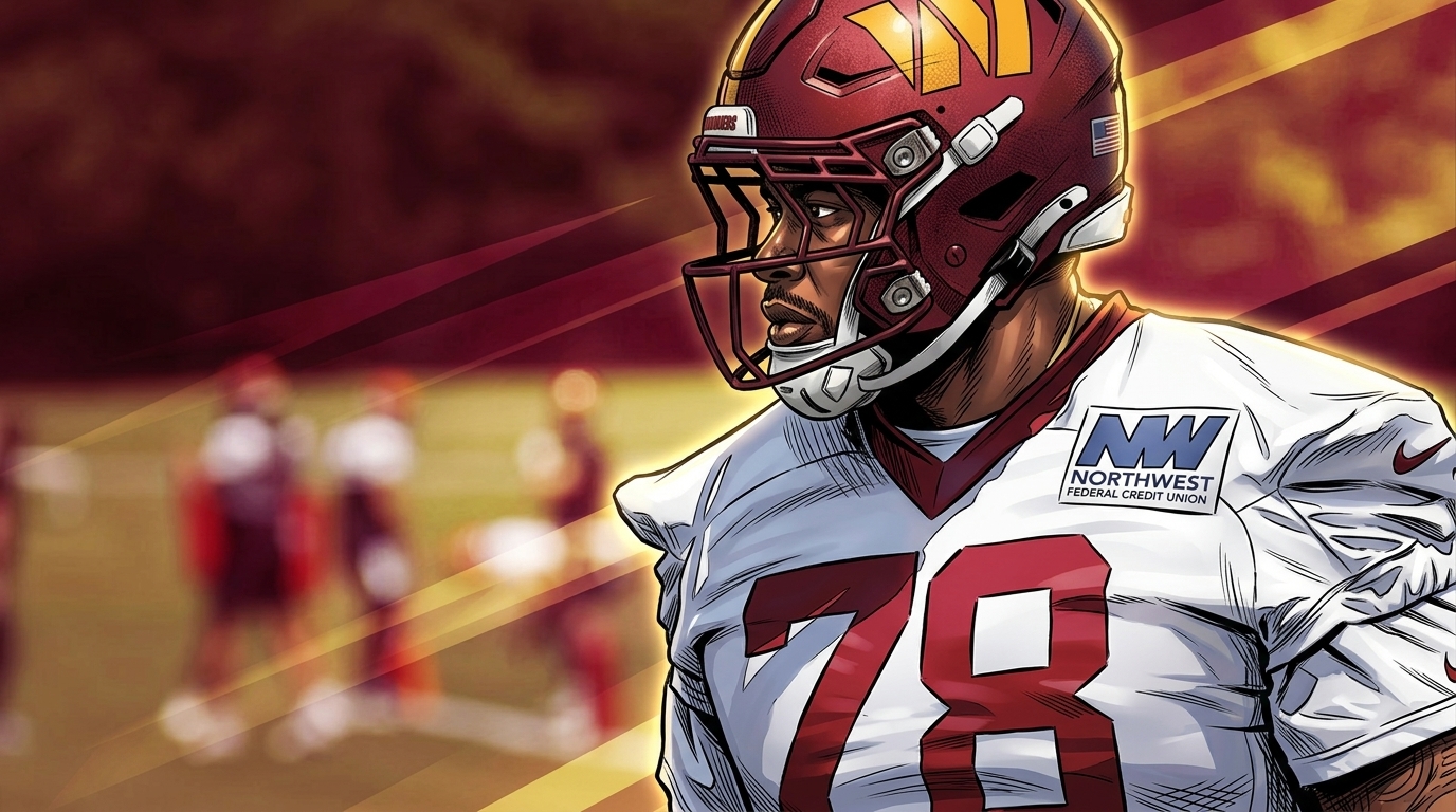 Comic-style illustration of Laremy Tunsil in Commanders practice gear on the field