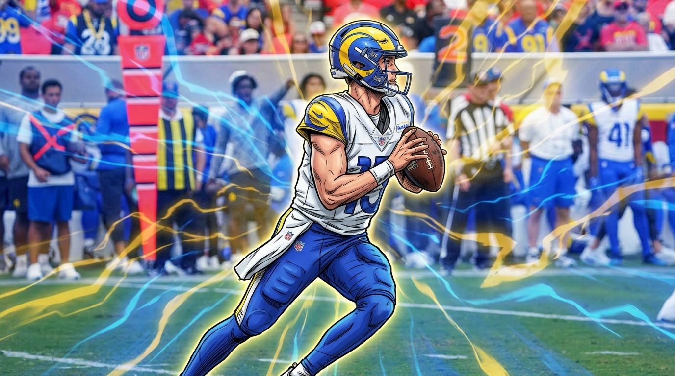 Comic-style rendering of Ty Simpson in a white Rams jersey dropping back to throw, with blue and gold electric energy streaks over a photographic Arrowhead Stadium sideline background