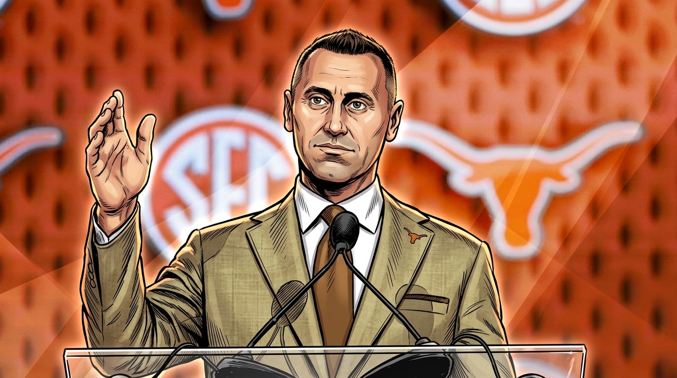 Comic-style illustration of Texas coach Steve Sarkisian speaking at a podium in front of an SEC and Longhorns branded backdrop