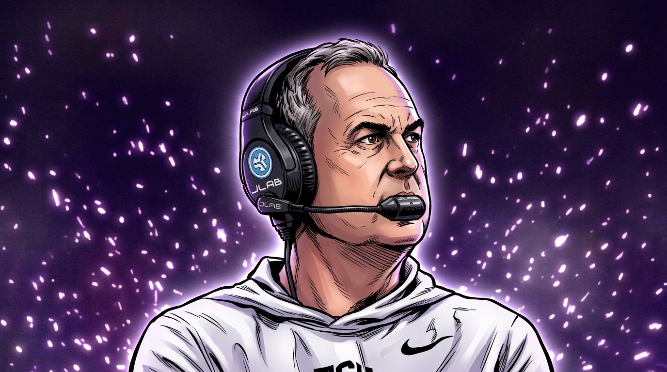 Comic-styled illustration of TCU head coach Sonny Dykes in a white TCU hoodie and headset, purple particle-field effect background